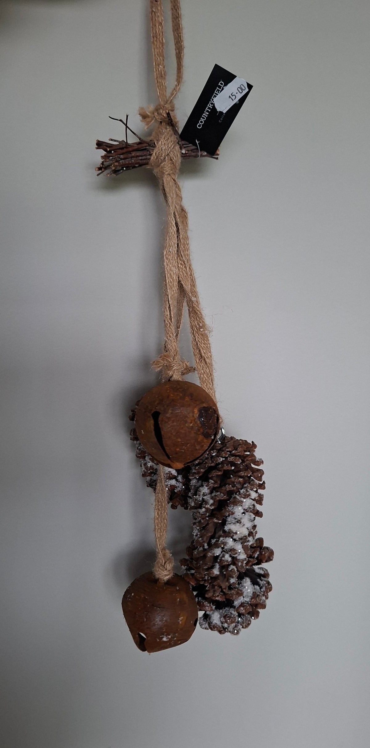 Touw met dennenappels en roestbellen